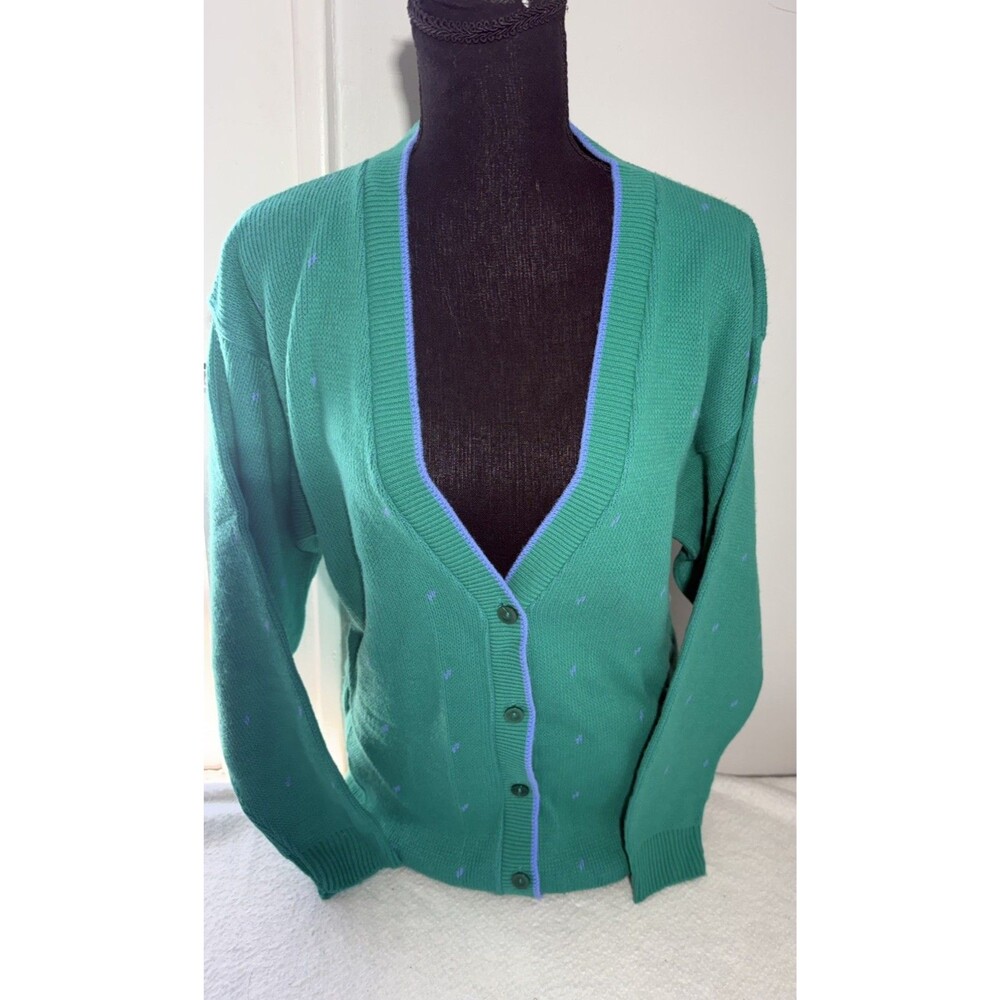 Vtg Girl Scouts Sweater Cardigan Green Blue Dots  Size Large